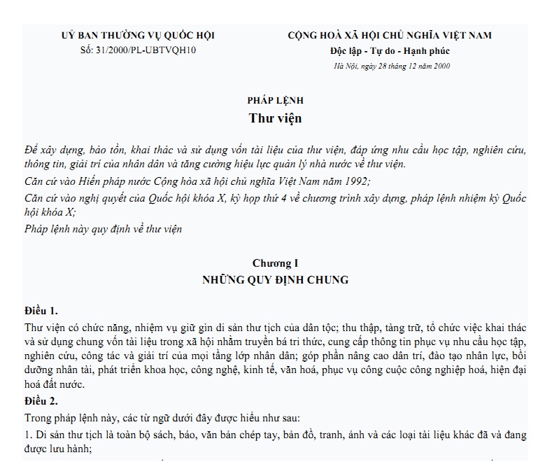 Pháp lệnh số 31/2000/PL-UBTVQH10 - Pháp lệnh Thư viện của Quốc hội