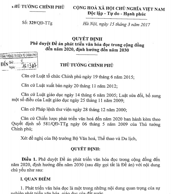 Quyết định Phê duyệt Đề án phát triển văn hóa đọc trong cộng đồng đến năm 2020, định hướng đến năm 2030