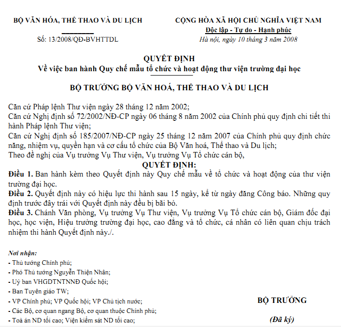 Quyết định Số 13/2008/QĐ-BVHTTDL - Ban hành Quy chế mẫu tổ chức và hoạt động thư viện trường đại học