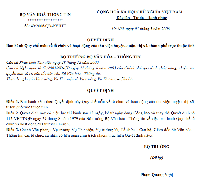 Quyết định Số 49/2006/QĐ-BVHTT - Ban hành Quy chế mẫu về tổ chức và hoạt động của thư viện huyện, quận, thị xã, thành phố trực thuộc tỉnh