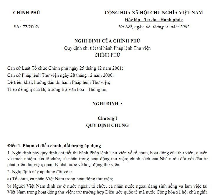 Nghị định 72/2002/NĐ-CP của Chính phủ về Quy định chi tiết thi hành Pháp lệnh Thư viện