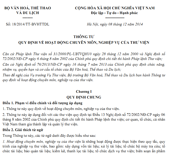 Thông tư số 18/2014/TT-BVHTTDL - Quy định về hoạt động chuyên môn nghiệp vụ của thư viện