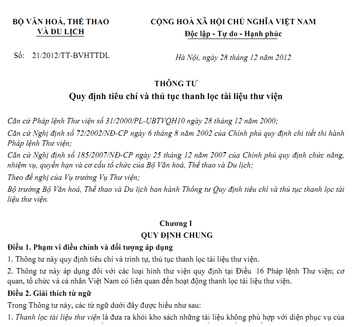 Thông tư số 21/2012/TT-BVHTTDL - Quy định tiêu chí và thủ tục thanh lọc tài liệu thư viện