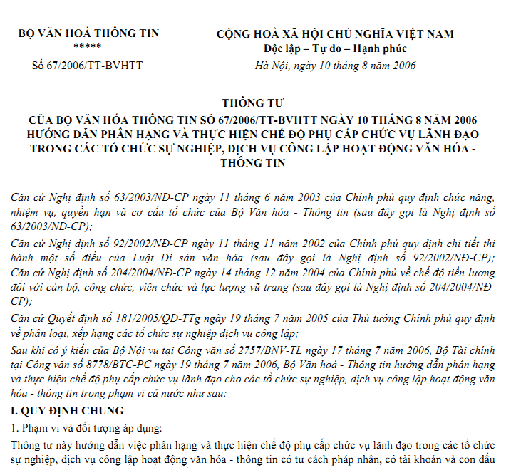 Thông tư số 67/2006/TT-BVHTT - Hướng dẫn phân hạng và thực hiện chế độ phụ cấp chức vụ lãnh đạo trong các tổ chức sự nghiệp, dịch vụ công lập hoạt động văn hóa - thông tin
